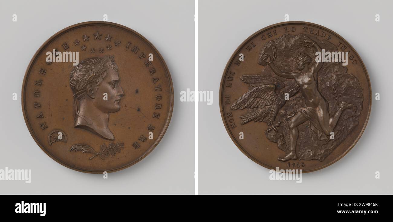 Napoleon Bonaparte op St. Helena, Zirotti, Geschichtsmedaille 1816 Bronzemedaille. Vorne: Brustschmuck Mann mit Lächern und Sternkranz im Ruderruder und gebundener Palme und Olivenzweig. Umgekehrt: Mann auf Felsen angekettet, repräsentiert Prometheus, dessen Leber von Arend innerhalb von Inimonching Italien aus Bronze (Metall) streikend (Metallverarbeitung) Sint-Helena herausgerissen wird Stockfoto