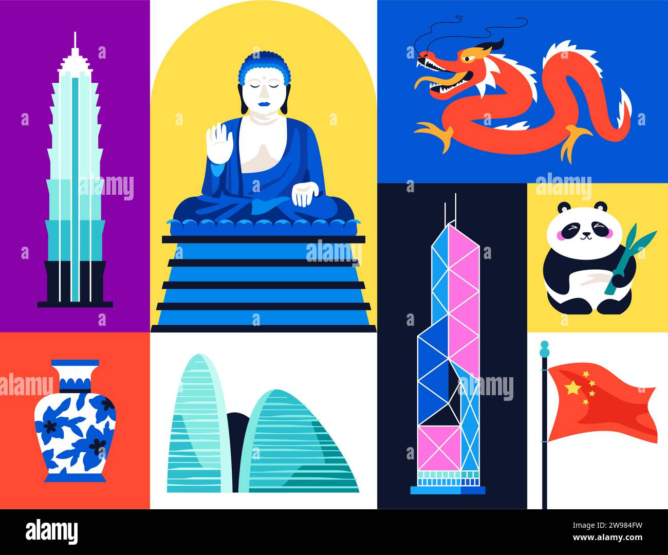 Wahrzeichen von China – Set mit flachen Illustrationen Stock Vektor