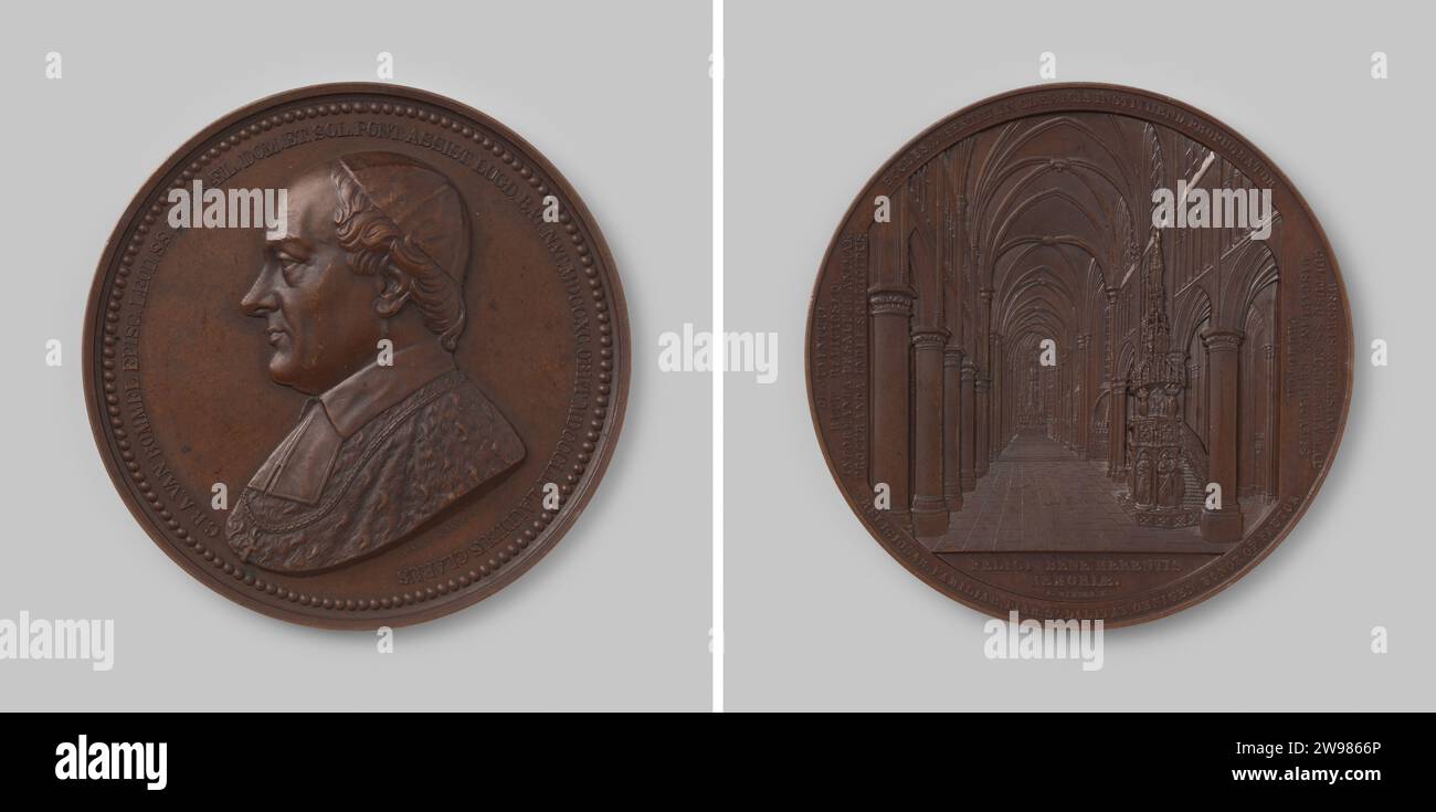 Tod von Cornelis van Bommel, Bischof van Luik, Jacob Wiener, Geschichtsmedaille 1852 Bronzemedaille. Vorne: Bruststück Mann innen Wechsel. Rückwärts: Inneres der St. Pauluskerk in Lüttich Zwischen Inschriften, in Kerschrift; Schnitt: Inschrift Brüsseler Bronze (Metall) Streikerei (Metallverarbeitung) Sint-Pauluskerk (Lüttich) Stockfoto