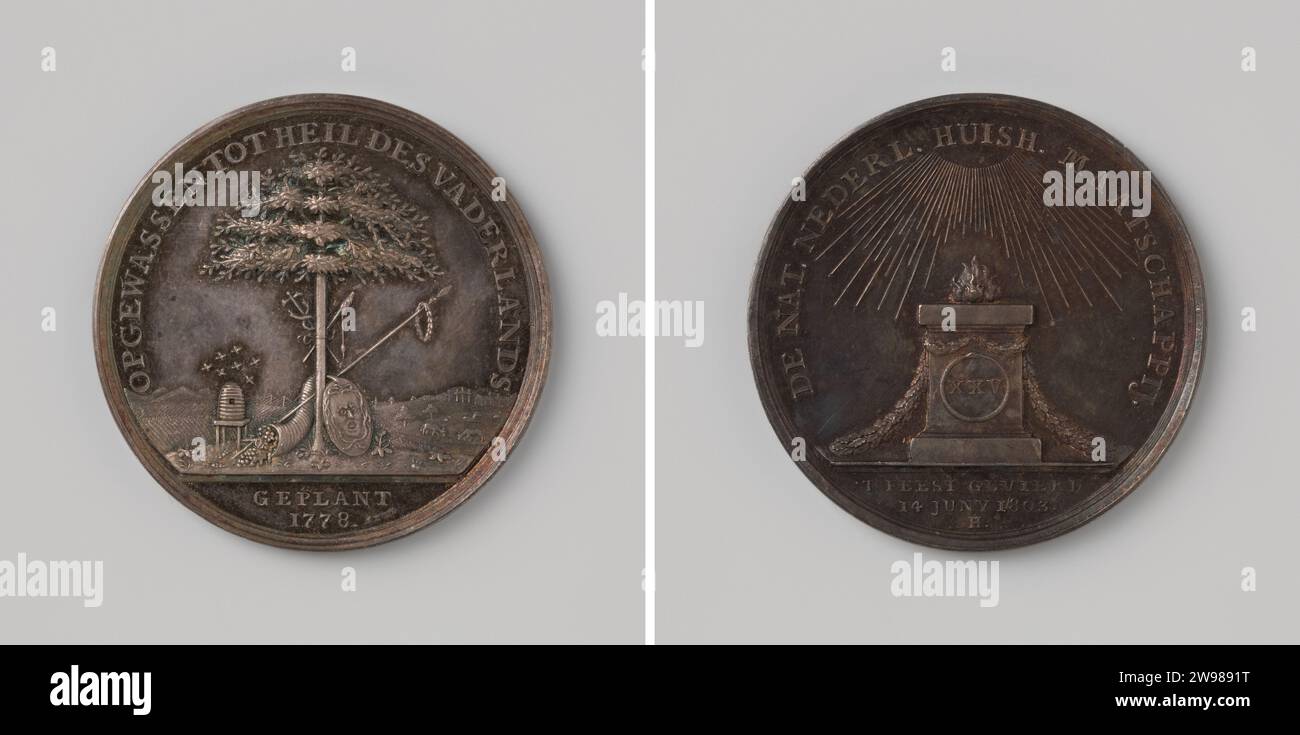 25 Jahre Existenz der National Dutch Household Society, ehemals der Wirtschaftszweig der Hollandschen Maatschappij van Sciences in Haarlem, Johan George Holtzhey, Silbermedaille 1804. Vorderseite: Eiche mit Spinnenröcken, Quecksilberstab, gefülltes Horn des Überflusses, Speer mit Eichenkränen, medusa-Schild und Bienenstock werden im Wechsel gesammelt; Schnitt: Inschrift. Rückseite: Brennender Altar, dekoriert mit Eichengirlanden, Brief; basierend auf dem XXV in Slangerond in Verwijs; Schnitt: Inschrift Amsterdam Silver (Metal) markant (Metallverarbeitung) Haarlem Stockfoto