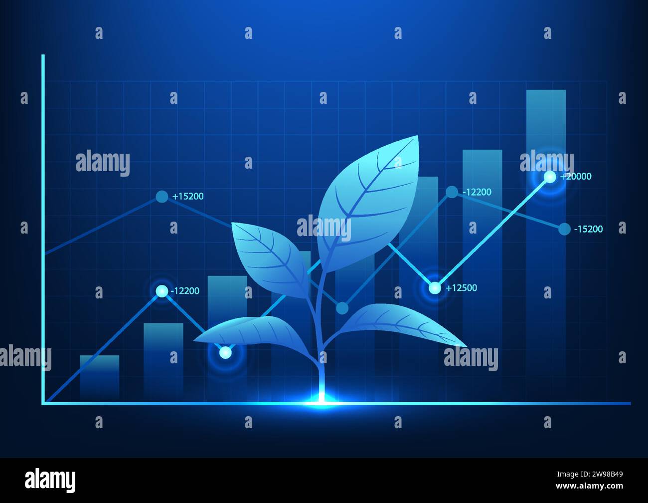 Finanztechnologie vor dem Diagramm ist ein Baum, der das Wachstum des Unternehmens zeigt, wie ein Baum, der mit zunehmender Expansion des Unternehmens allmählich wächst Stock Vektor