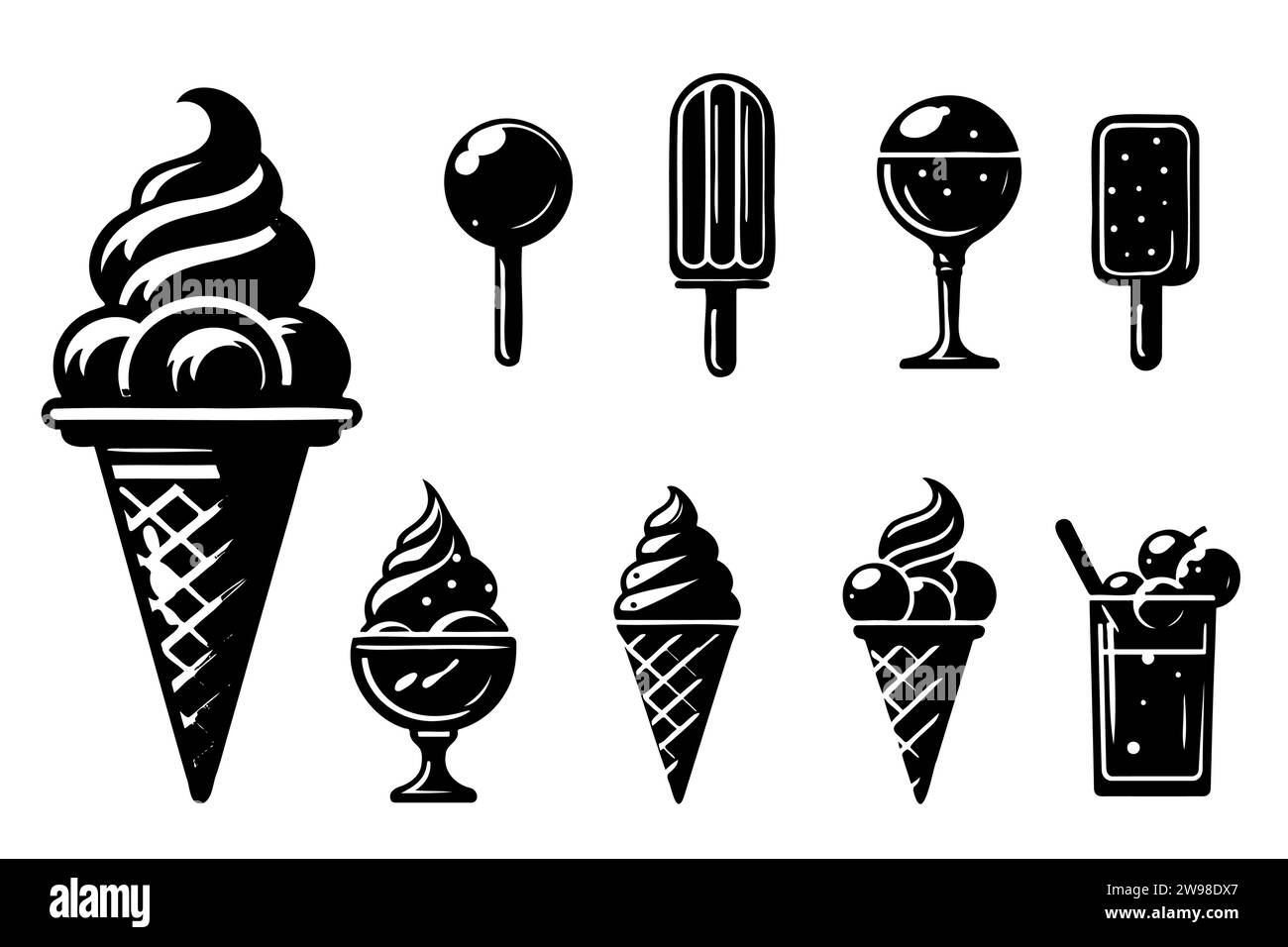 Sketch Ice Creme Ikonen gefrorene cremige Desserts, Eiseis, Waffelkegel, Karamell eskimo oder Schokoladenglasur Eisbecher Schlagsahne und Fruchteis, frische Vanillekugeln Stock Vektor