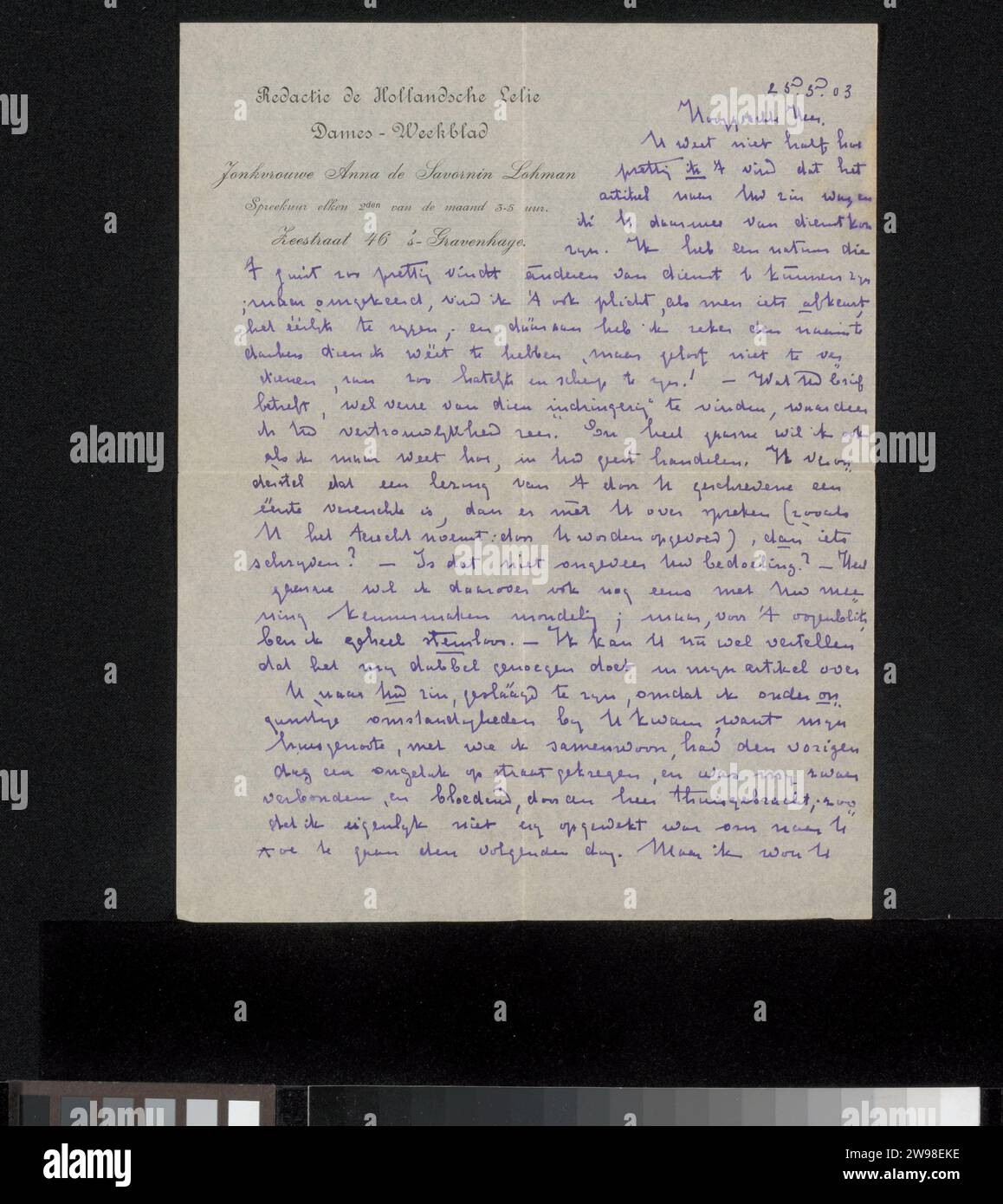 Brief an Philip Zilcken, de Hollandsche Lelie, in oder vor 1903 Brief der Haager Tusche Schrift (Verfahren) / Stift / Druckkrankheiten Stockfoto