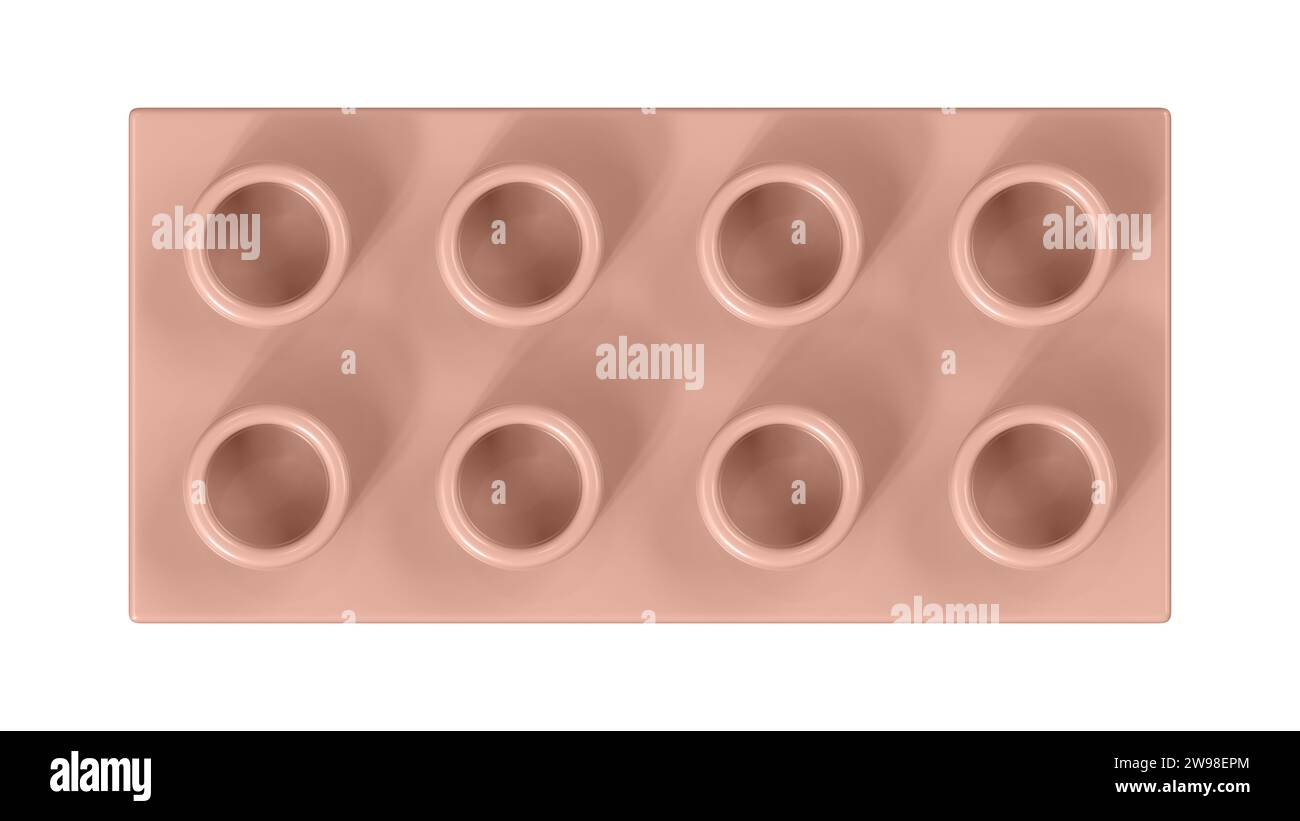 Staubiger rosafarbener Lego-Block isoliert auf weißem Hintergrund. Nahansicht eines Plastik-Kinderspielziegels für Konstrukteure, Draufsicht. Hochwertiges 3D-Rendering mit einem Arbeitspfad. 8K Ultra HD, 7680 x 4320 Stockfoto