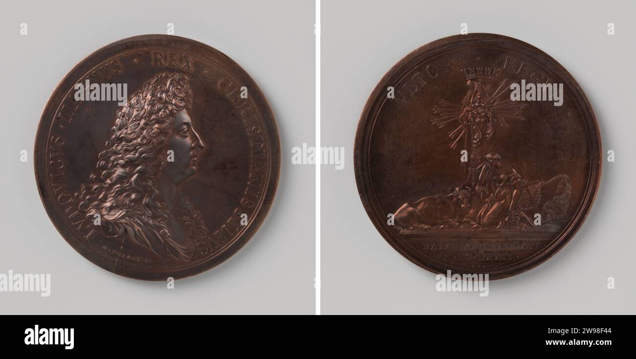 Die Niederlande von Frankreich, Michel Molard, 1672–1722 Geschichte Medaille Bronze Medaille. Vorderseite: Bruststück Mann (Louis XIV) mit Lorbeerkranz innen. Reverside: Grieging Netherlands mit Anker an der preisgekrönten Pole, an der Leuwe Haut und Bündel von sieben Pfeilen in der Veränderung hängen. Paris Bronze (Metall) auffällig (Metallverarbeitung) Gelderland. Overijssel. Utrecht Stockfoto