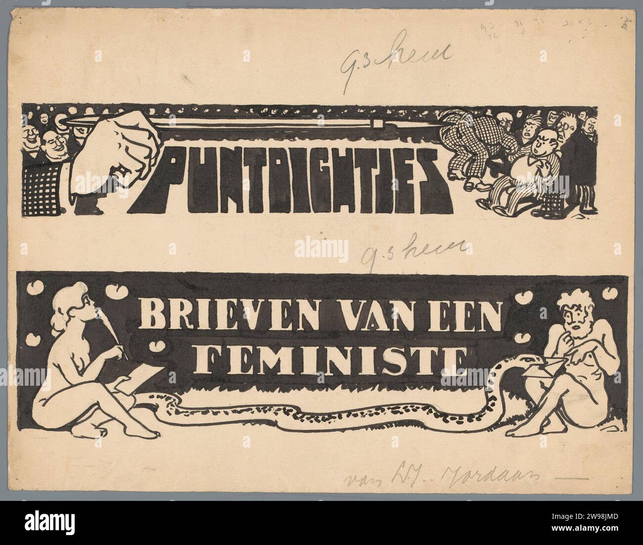 Zwei Entwürfe für „Poet Poets“ und „Letters from a Feminist“, Patricq Kroon, 1900–1935 und zeichnete zwei Entwürfe für Publikationen mit dem Titel „Puntproofs“ und „Letters from a Feminist“. Möglich für Veröffentlichungen von L.J. Jordaan. Niederlande Papier. Bleistift. Tintenstift/Pinsel Stockfoto