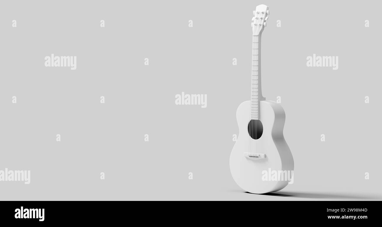 Akustikkörper der weißen Gitarre mit Schatten auf weißem Hintergrund. Minimales Konzept kreativ. Kopierbereich für Ihre Werbung, Schwarzweiß. 3D-Rendering. Stockfoto