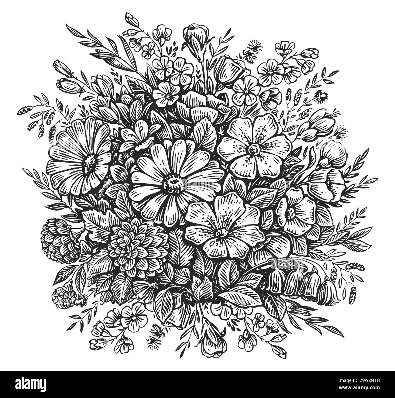 Blumen und Wildblumen, Stich im Vintage-Stil. Handgezeichnete Illustration isoliert für Grußkartendesign Stockfoto