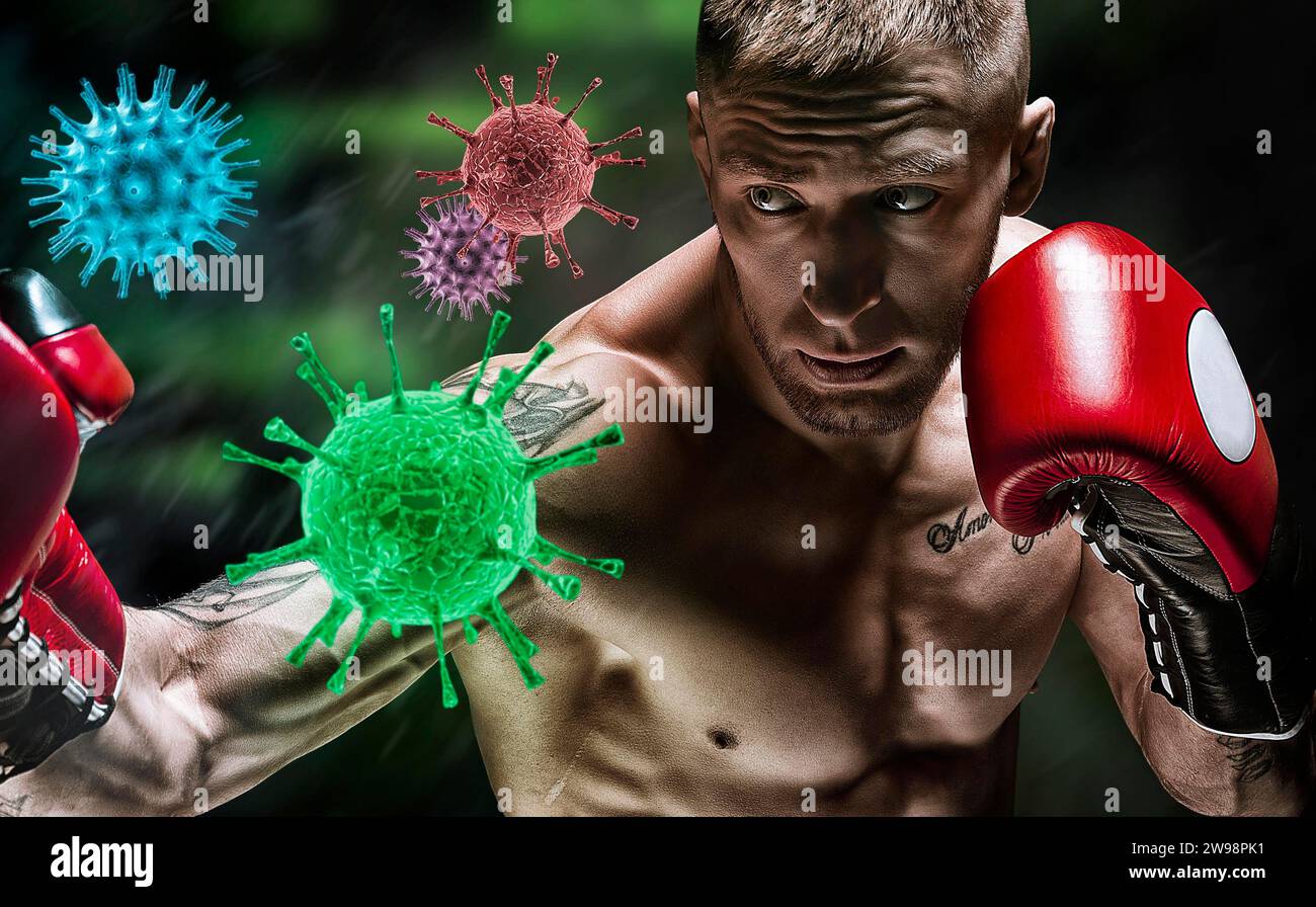 Das Coronavirus breitet sich durch die Boxhalle aus. Quarantäne und Epidemiekonzept. Bleiben Sie zu Hause. Gemischte Medien Stockfoto