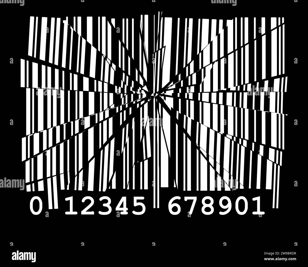 Gebrochener oder zerbrochener weißer Barcode mit EAN-Code auf schwarzem Hintergrund. Abstrakter Barcode und Kommerzialisierung konzeptuelle Illustration. Stockfoto