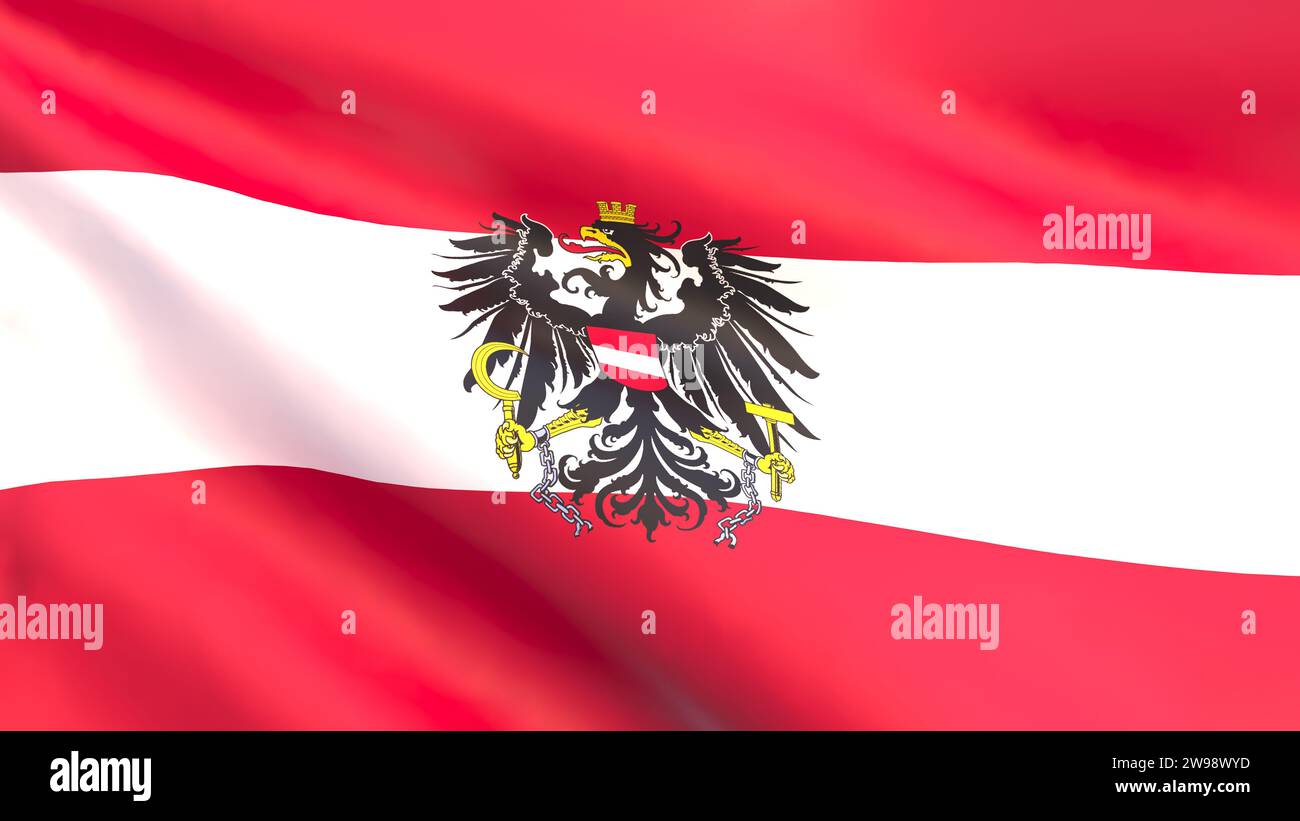 3D-Darstellung der im Wind flatternden Nationalflagge Österreichs. Stockfoto