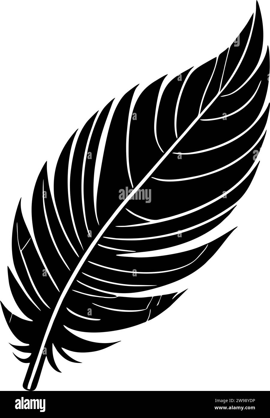 Schwarze grafische Konturzeichnung, Vogelfeder, Logo, Design Stockfoto