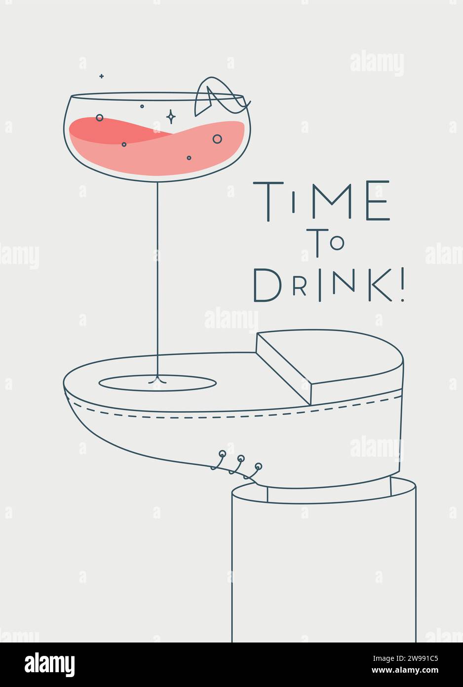 Alkoholposter. Daiquiri Cocktailglas mit Schriftzug Time to Drink steht zu Fuß und zeichnet im Linienstil auf hellem Hintergrund Stock Vektor