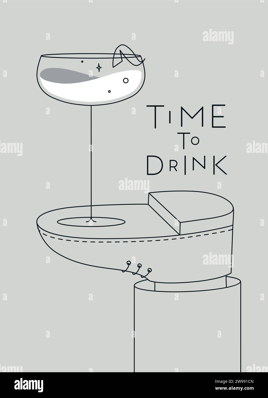 Alkoholposter. Daiquiri Cocktailglas mit der Aufschrift „Time to Drink“ steht zu Fuß und zeichnet im Linienstil auf grauem Hintergrund Stock Vektor