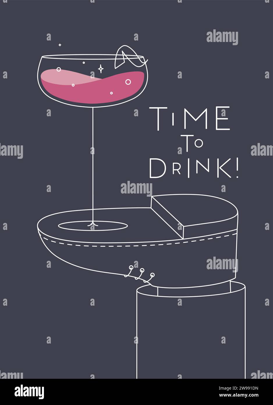 Alkoholposter. Daiquiri Cocktailglas mit der Aufschrift „Time to Drink“ steht zu Fuß und zeichnet im Linienstil auf dunklem Hintergrund Stock Vektor