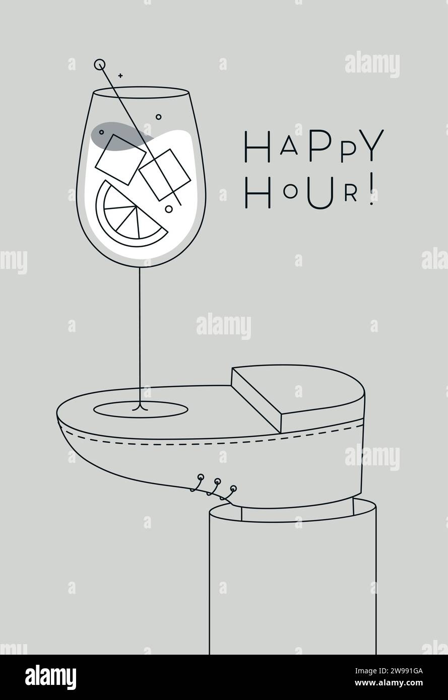 Alkoholposter. Spritz-Cocktailglas mit Schriftzug Happy Hour steht zu Fuß und zeichnet im Linienart-Stil auf grauem Hintergrund Stock Vektor