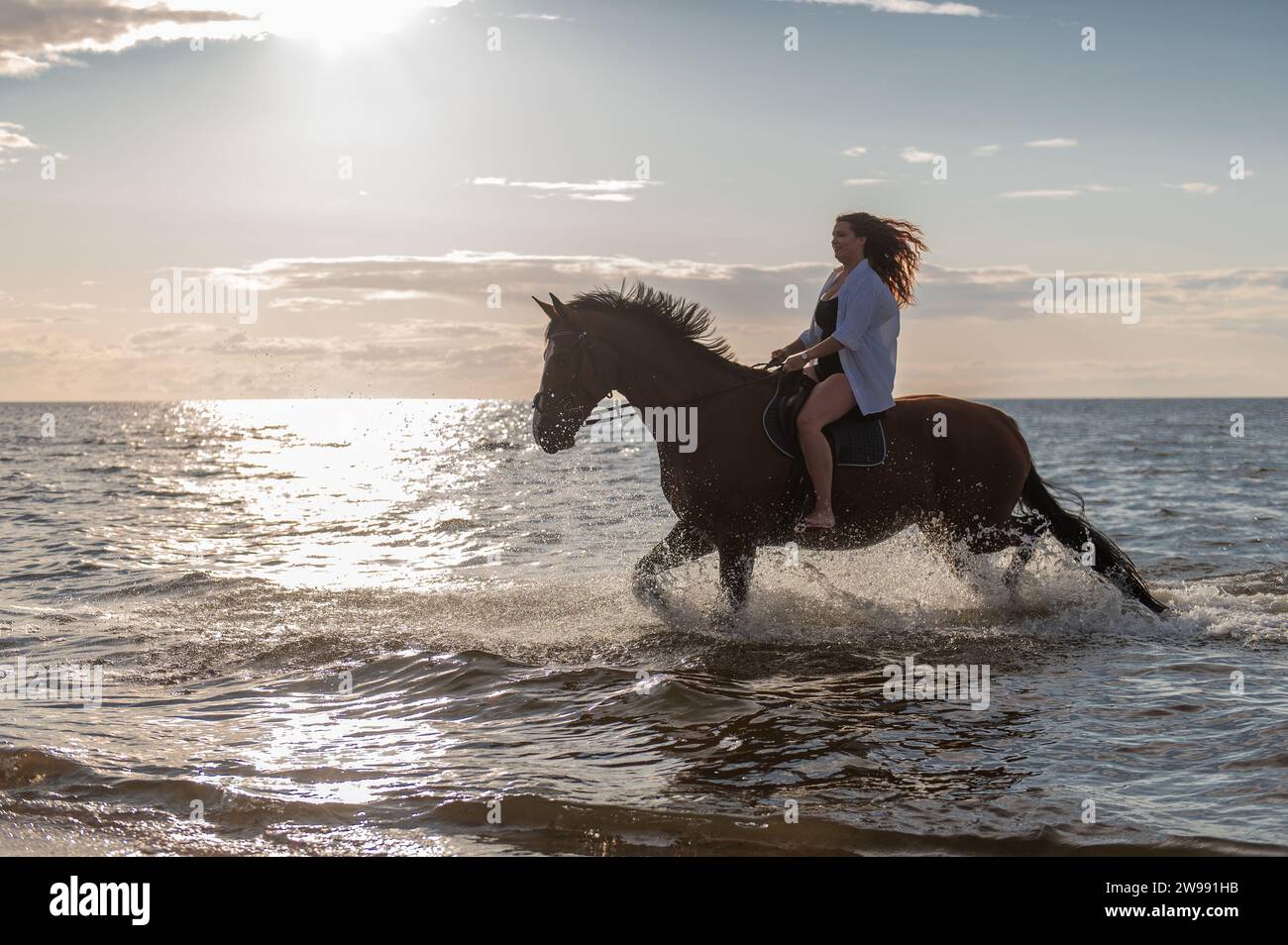 Eine schöne junge Frau, die ihr Pferd an einem sonnigen Strand durchs Wasser reitet Stockfoto
