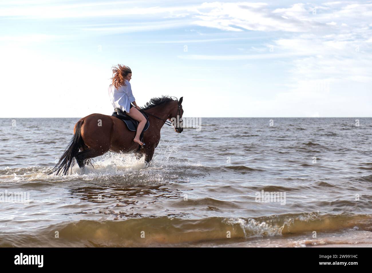 Eine schöne junge Frau, die ihr Pferd an einem sonnigen Strand durchs Wasser reitet Stockfoto