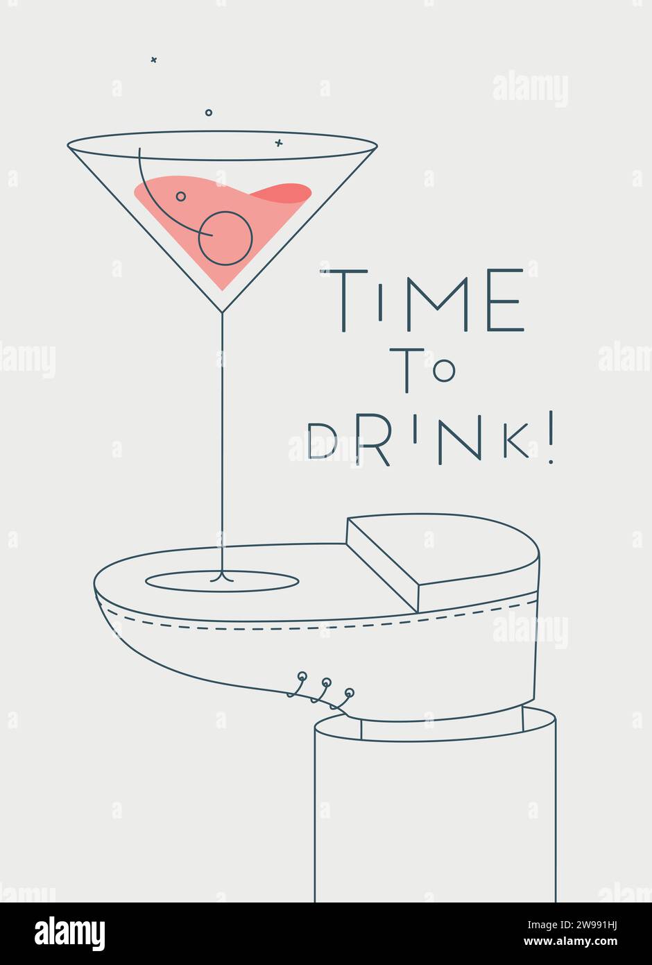 Alkoholposter. Manhattan Cocktailglas mit Schriftzug Time To Drink steht zu Fuß und zeichnet im Linienstil auf hellem Hintergrund Stock Vektor