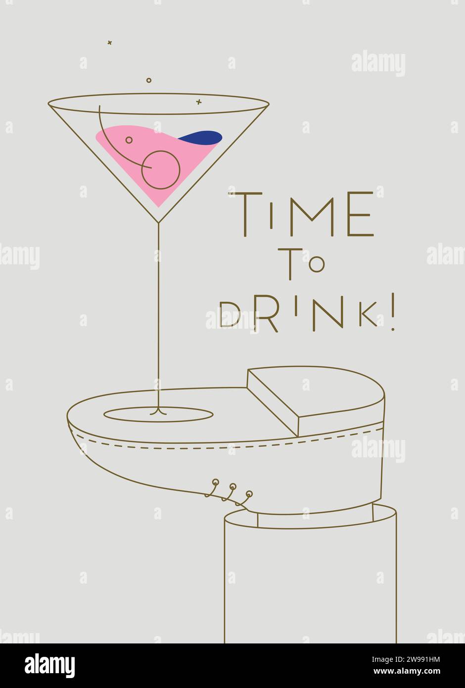 Alkoholposter. Manhattan Cocktailglas mit Schriftzug Time to Drink steht zu Fuß und zeichnet im Linienstil auf beigefarbenem Hintergrund Stock Vektor