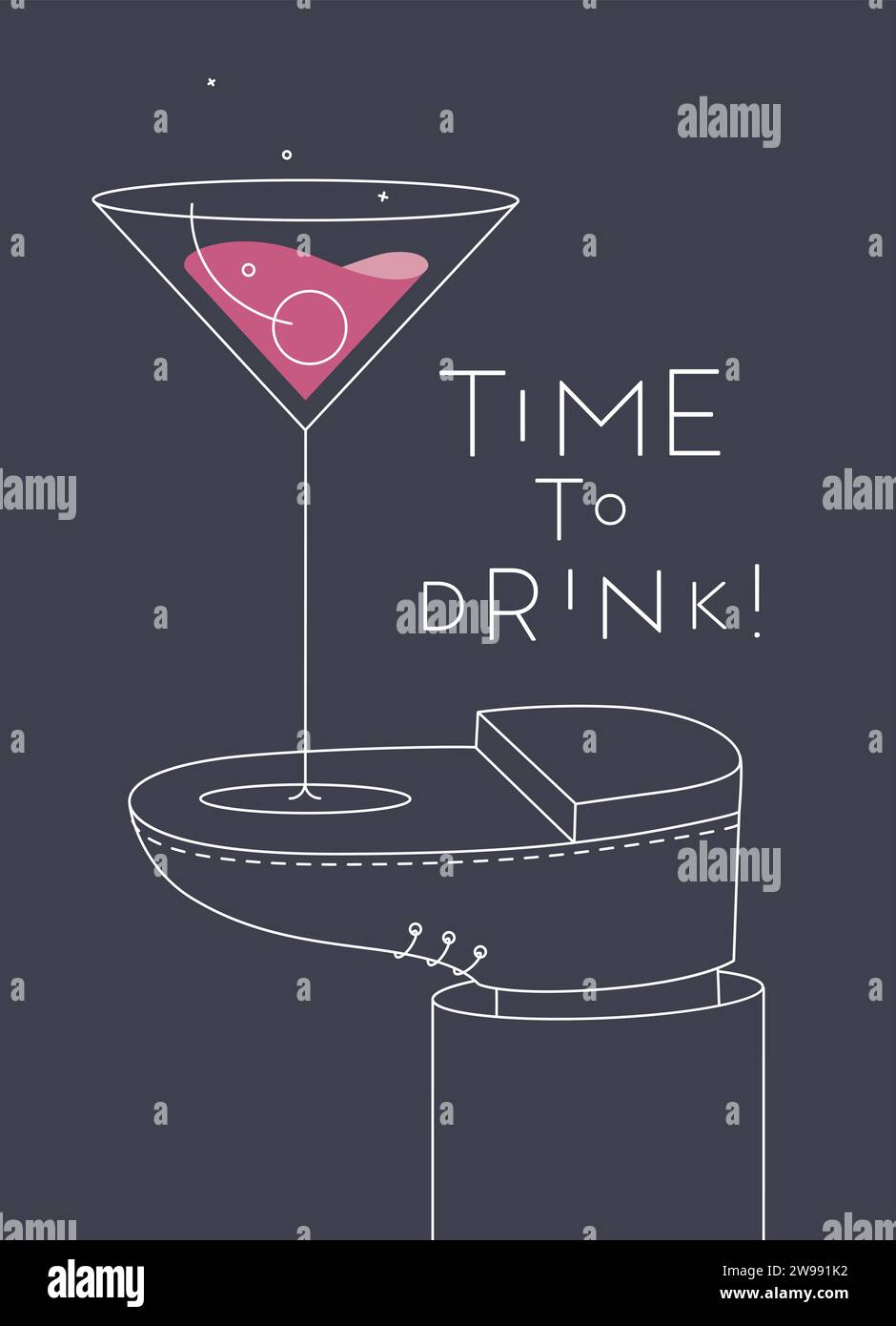 Alkoholposter. Manhattan Cocktailglas mit Schriftzug Time To Drink steht zu Fuß und zeichnet im Linienart-Stil auf dunklem Hintergrund Stock Vektor