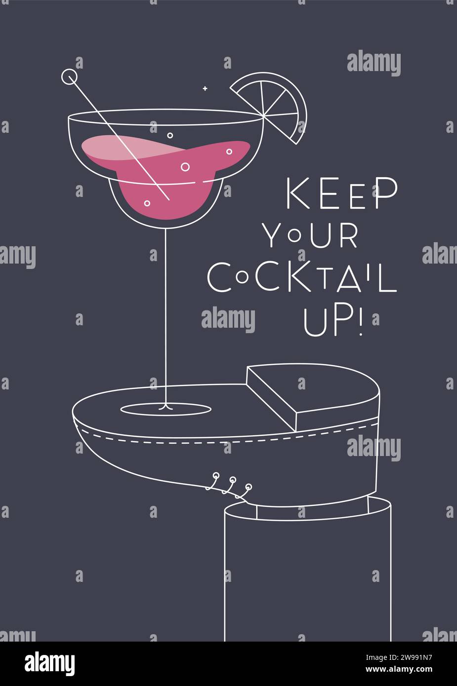Alkoholposter. Margarita-Glas mit Schriftzug Halten Sie Ihren Cocktail hoch steht zu Fuß und zeichnet im Linienart-Stil auf dunklem Hintergrund Stock Vektor