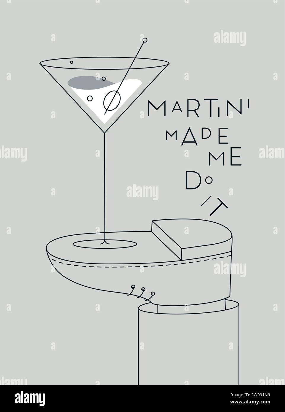 Alkoholposter. Glas mit Martini-Schriftzug hat mich dazu gebracht, es steht zu Fuß und zeichnet im Linienstil auf grauem Hintergrund Stock Vektor