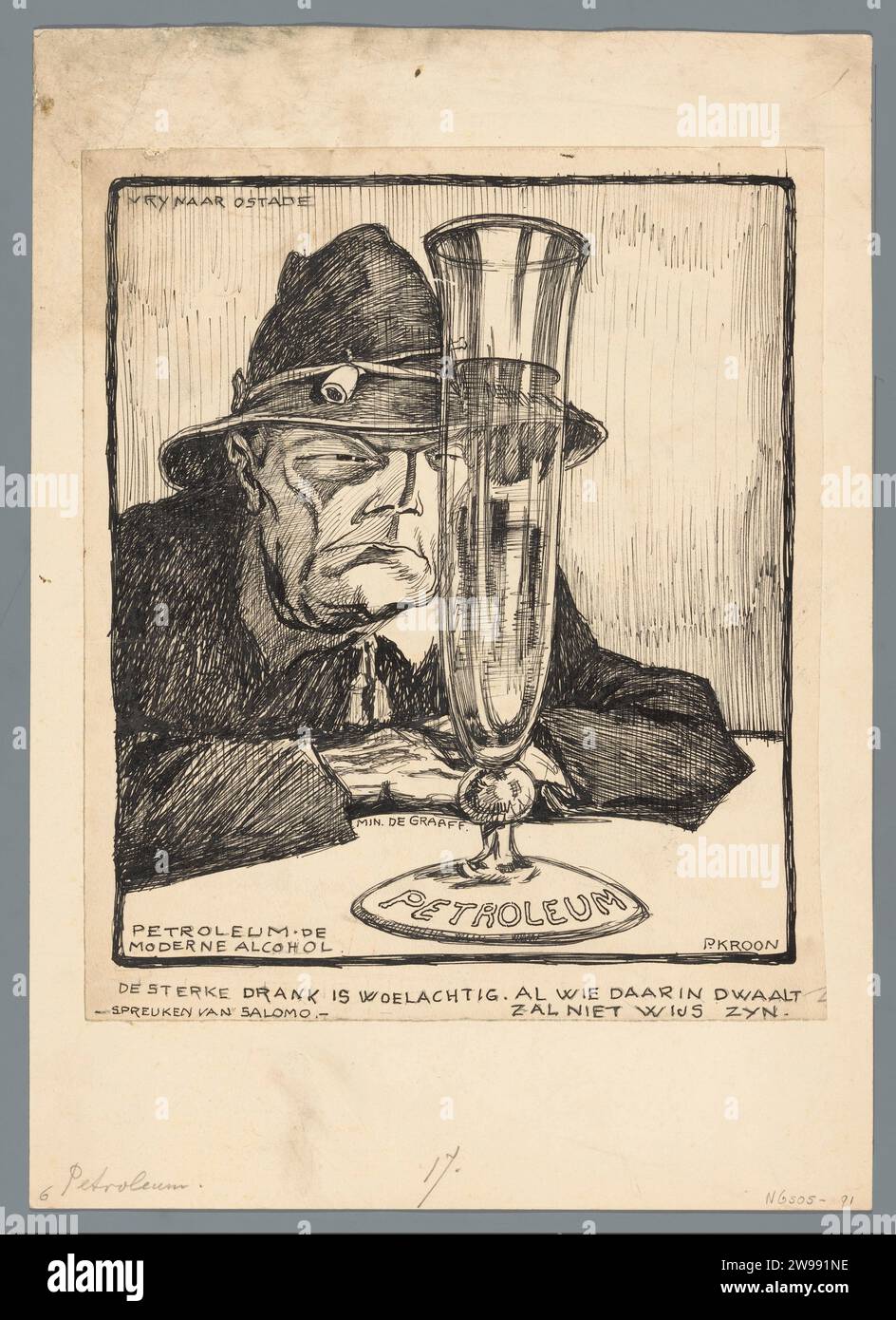 Minister de Graaff und de Petroleum, Patricq Kroon, 1919 - 1925, als Simon de Graaf, Kolonialminister, sieht aus wie ein Trinker an einem mit Erdöl gefüllten Glas. Design für einen politischen Zeichentrick. Niederlande Papier. Tuschstift politische Karikaturen und Satiren. Kolonialsystem. Betrunkener Stockfoto