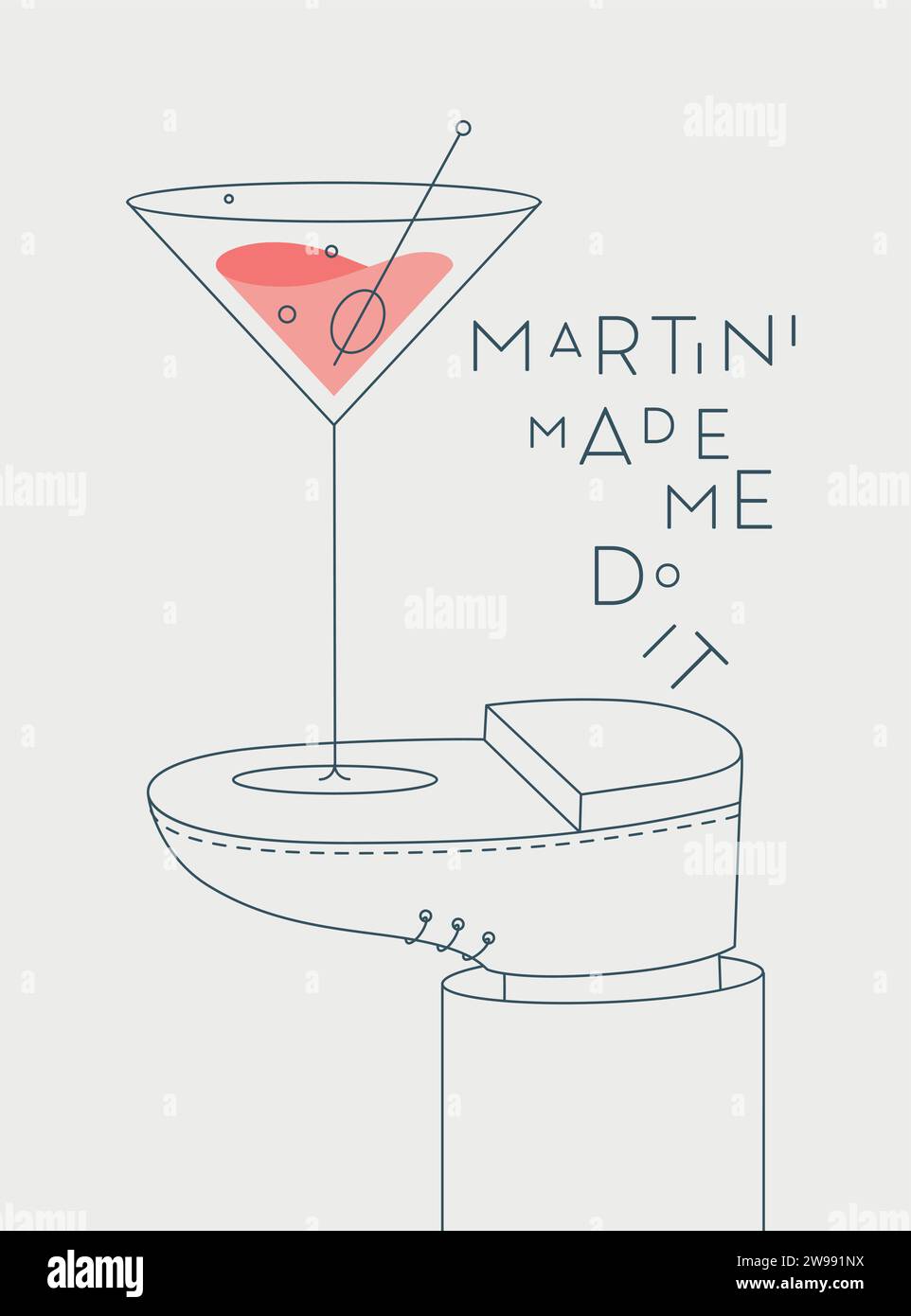 Alkoholposter. Glas mit Martini-Schriftzug hat mich dazu gebracht, es steht zu Fuß und zeichnet im Linienstil auf hellem Hintergrund Stock Vektor
