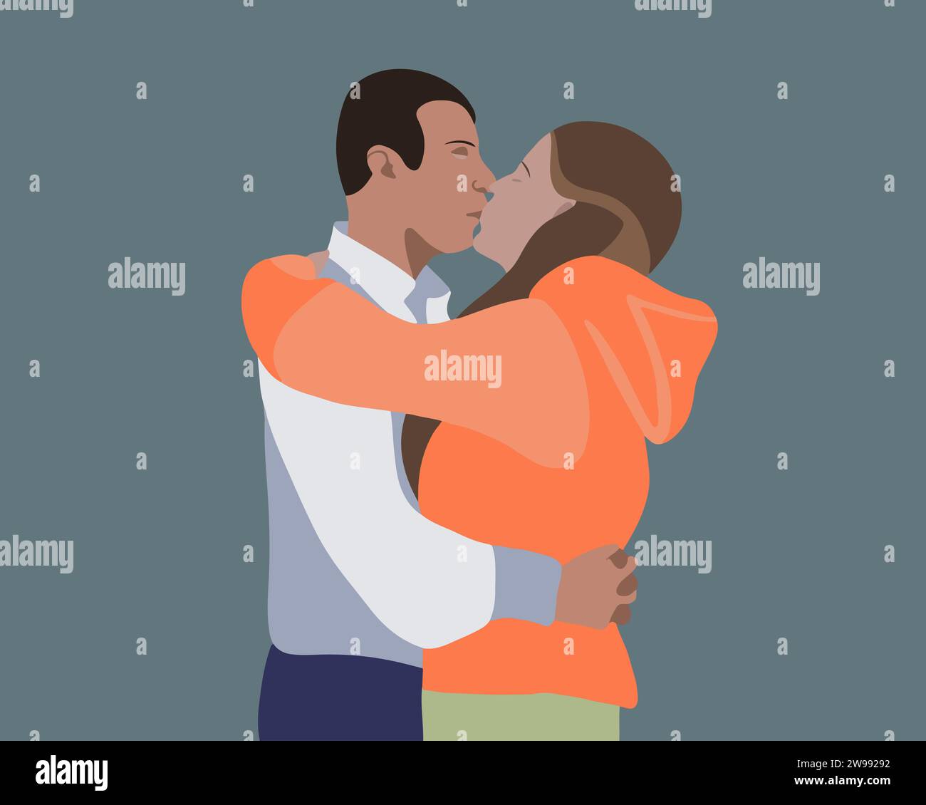 Vektor-isolierte Illustration eines küssenden Paares. Er enthüllt eine Beziehung mit einem Kuss. Ein Mann und ein Mädchen verliebt. Stock Vektor