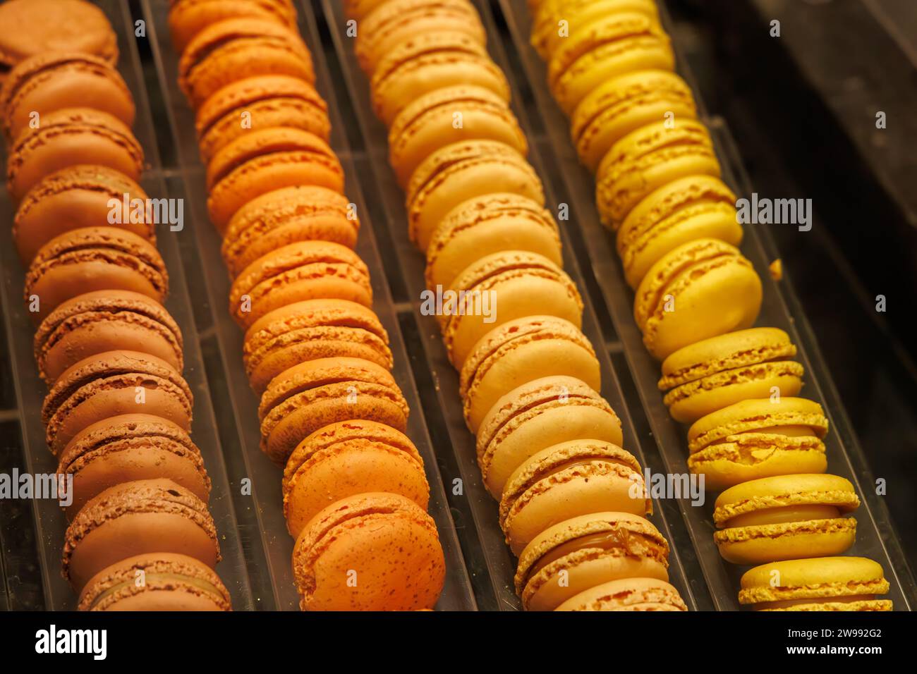 Eine bunte Auswahl an Macarons, die auf einem weißen Tablett angeordnet sind, bietet eine Auswahl an köstlichen Geschmacksrichtungen Stockfoto