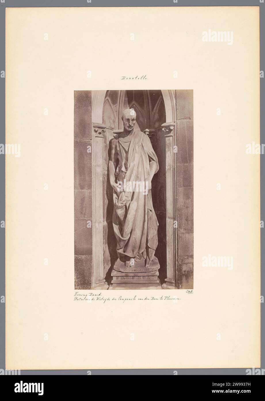 Skulptur von König David von Donatello im Dom von Florenz, um 1875 - um 1900 Foto Florenz Karton. Fotografische Trägeralbumen-Druckgeschichte von David. Denkmal, Statue Dom van Florence Stockfoto