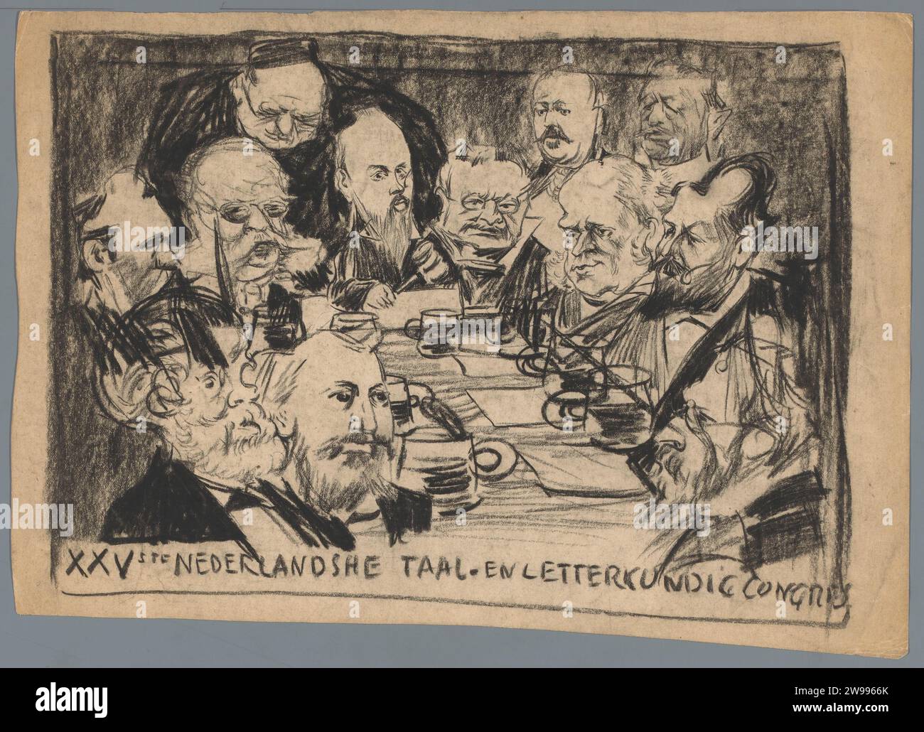 XXVSTE Nederlands Sketchtal and Literary Congress, Patricq Kroon, 1899 Zeichnung des XXVste Nederlands Schetaal- en Literiskundig Congress, der 1899 in Gent stattfand. Schriftsteller und Literaten saßen um einen Tisch. Entwerfen Sie einen Zeichentrick. Niederlande Papier. Kreideautor, Dichter, Schriftsteller Gent Stockfoto