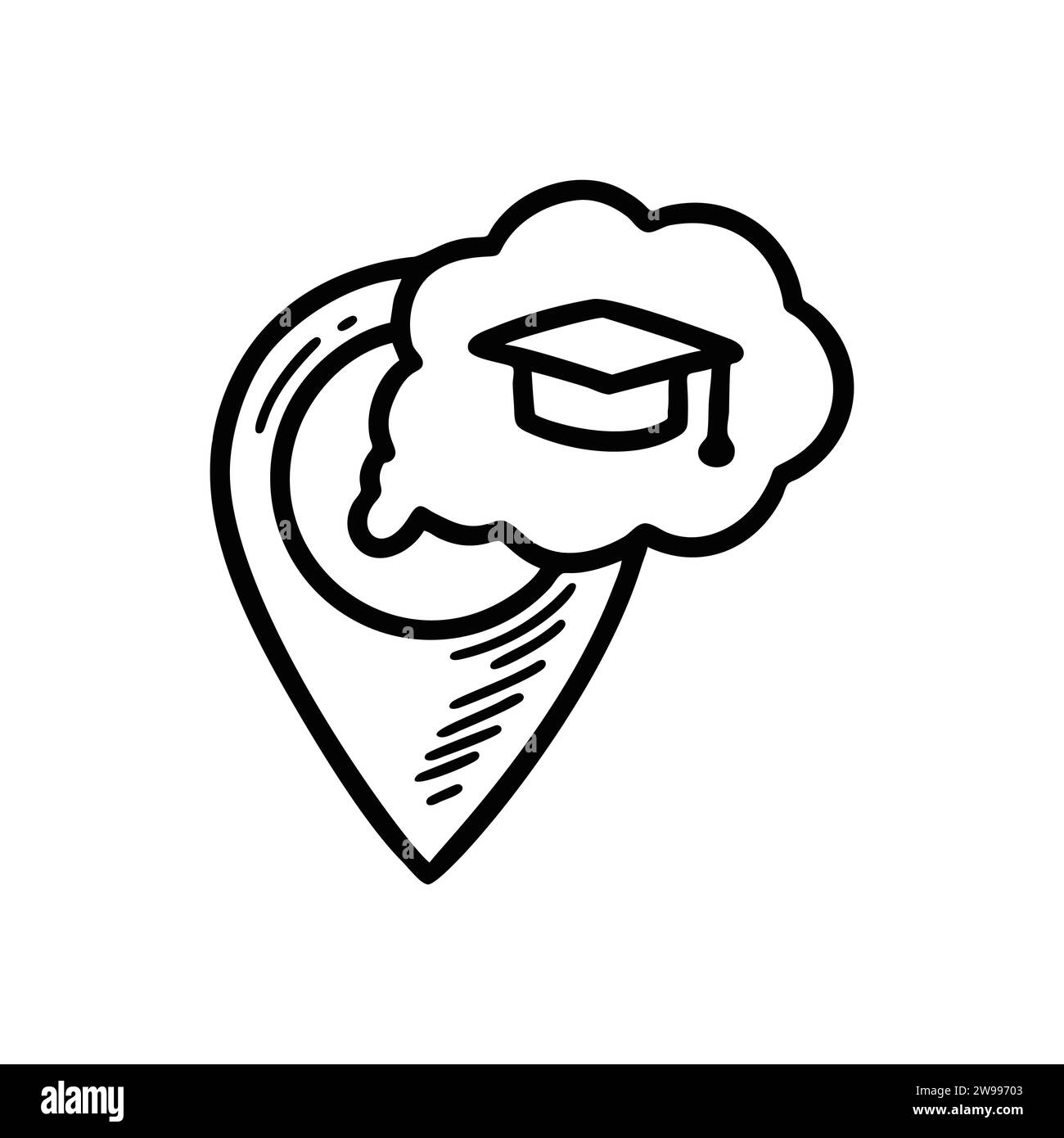 Kritzeln Sie das Symbol für die Universitätsstecknadel. Schulstandort. Handgezeichnete Vektorgrafik. Geografische Position der Bildungseinrichtung. Stock Vektor