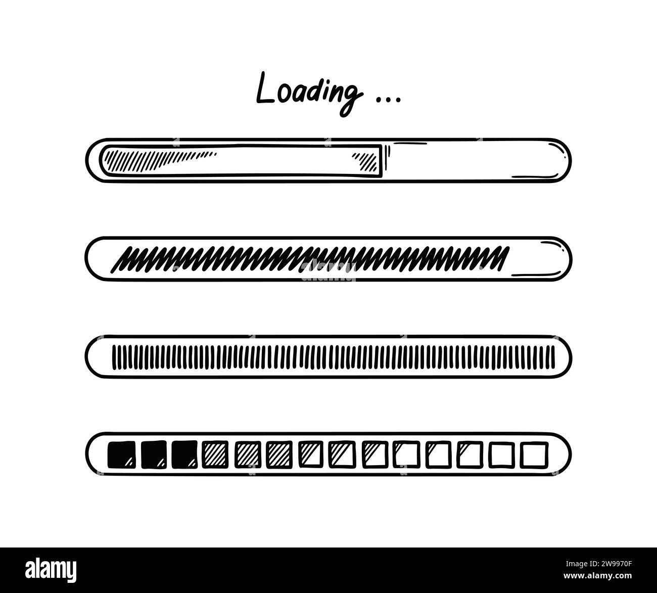 Set mit Kritzelladestangen. Abbildung des Fortschrittsvektors für den Skizzendownload, Statusanzeige für den Upload. Design-Element der Benutzeroberfläche des Computers. Stock Vektor