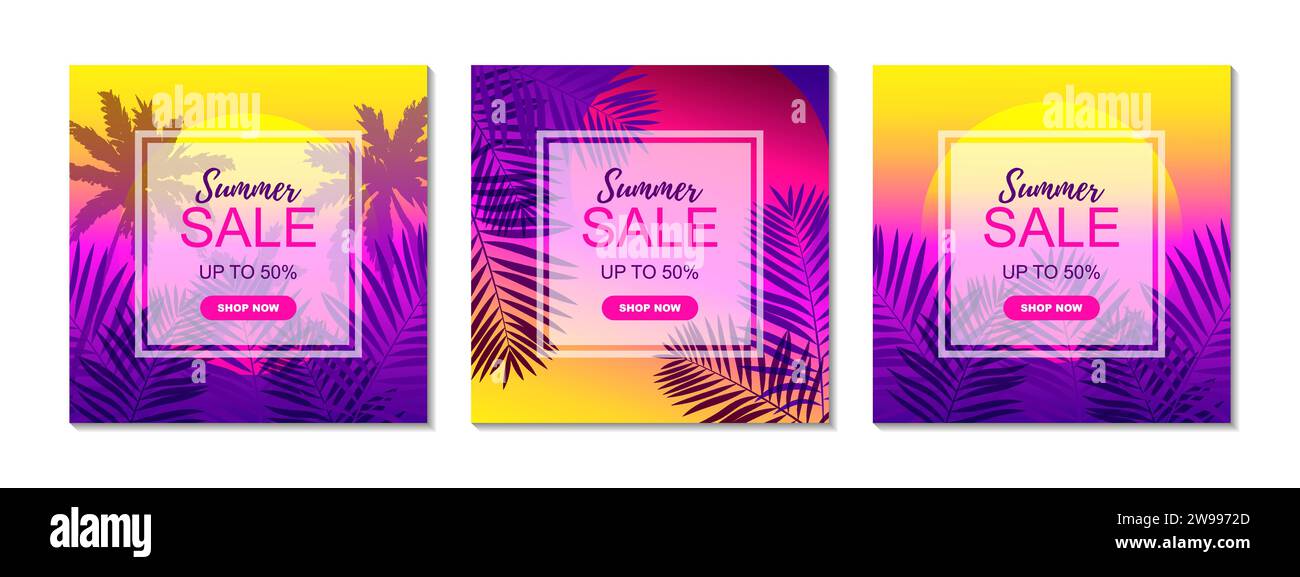 Set mit quadratischen Designs für den Sommer. Vektorillustration. Farbenfrohes tropisches Poster. Post-Vorlage für soziale Medien Stock Vektor