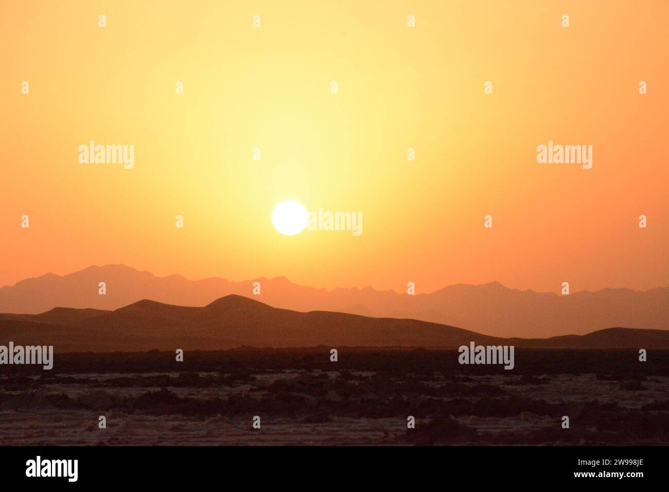 Ein Sonnenaufgang in einer Wüstenlandschaft, umgeben von Sand und trockener Vegetation Stockfoto