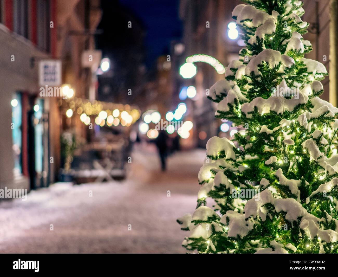 Ein festlicher, beleuchteter Weihnachtsbaum, der mitten in einer Stadtstraße steht Stockfoto