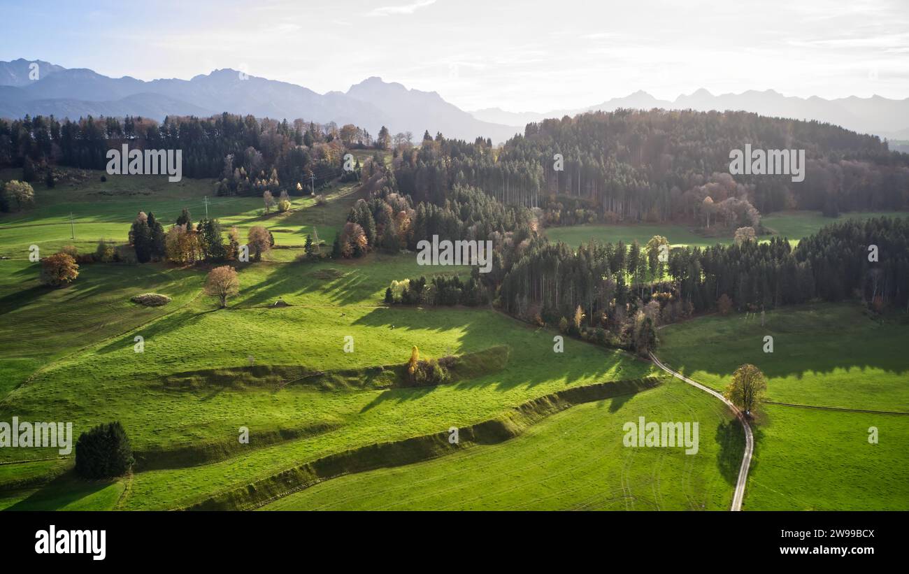 Eine idyllische Landschaft mit üppigen grünen Hügeln, Bäumen und Bergen mit einem Wald im Hintergrund. Stockfoto