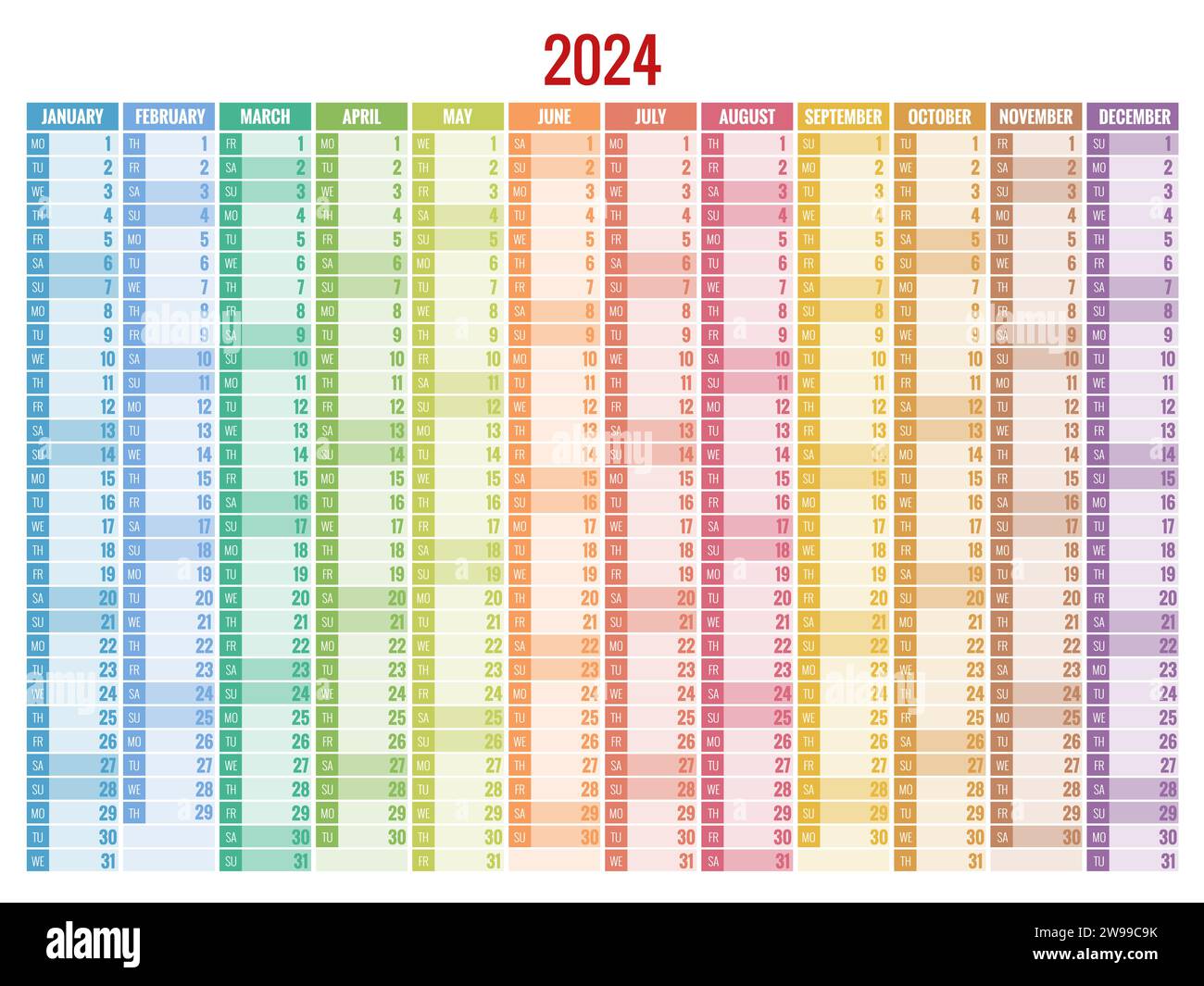 Vertikaler Regenbogen 2024 Kalendervektor, englische Sprache. 2024