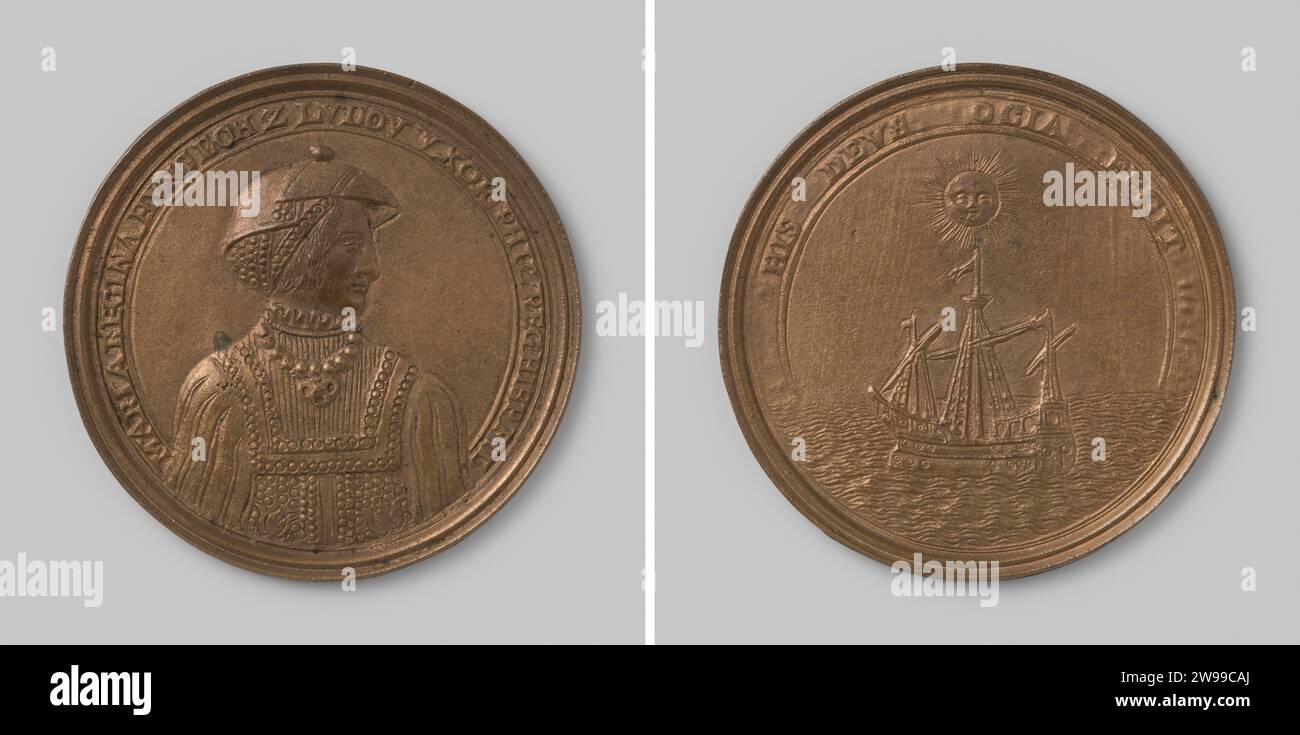Maria van Ungarn, Gouverneure der Niederlande, Anonym, 1555 Kopie. Geschichtsmedaille Bronzemedaille. Vorderseite: Bruststück Frau innen Cover. Rückwärts: Schiff von der Sonne verdrängt Innenabdeckung Bronze (Metall) Schlag (Metallbearbeitung) Stockfoto