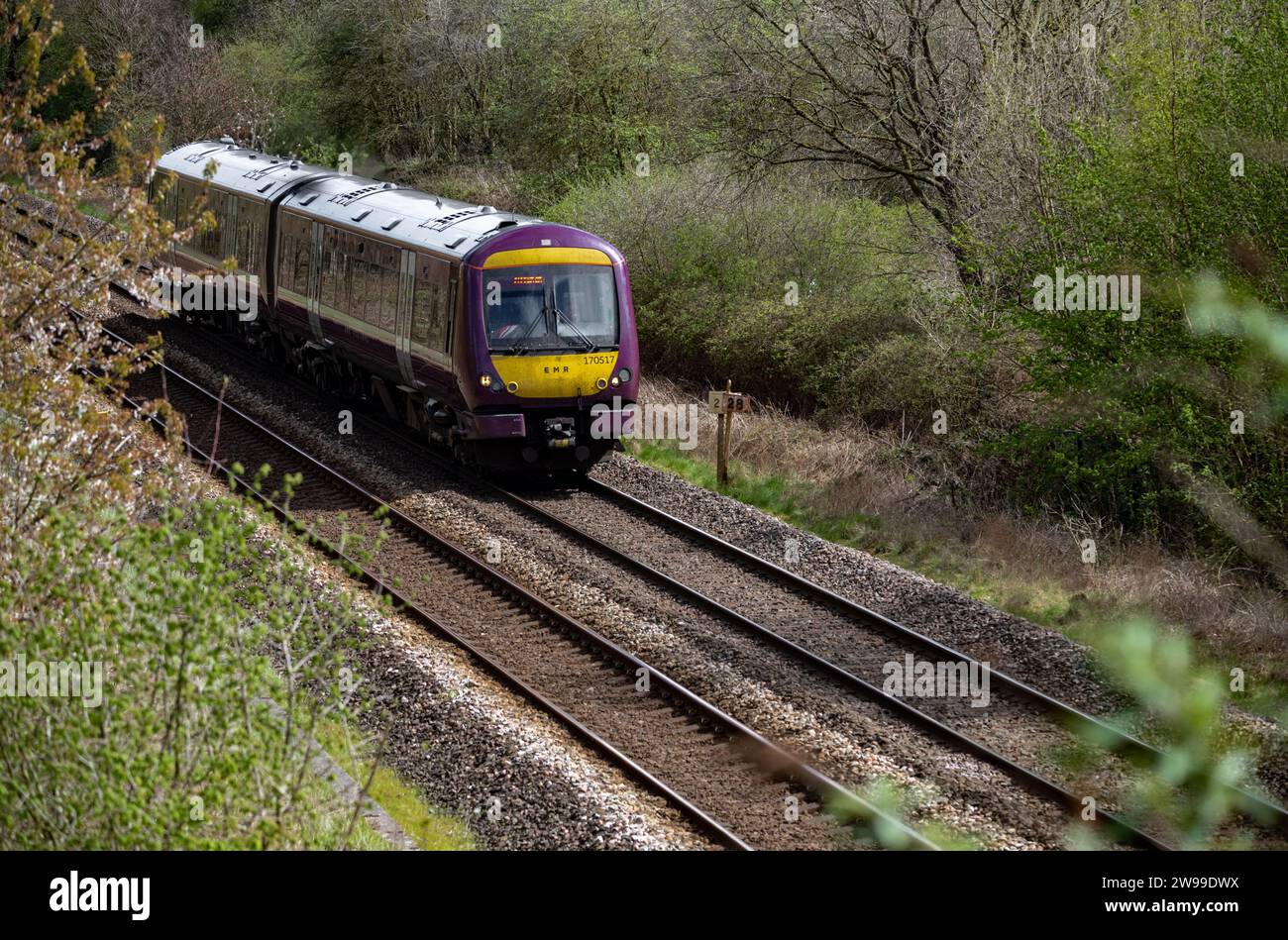 Der Zug der East Midlands Railway in einem Wald in der Nähe von Lincoln, Lincolnshire, Vereinigtes Königreich Stockfoto