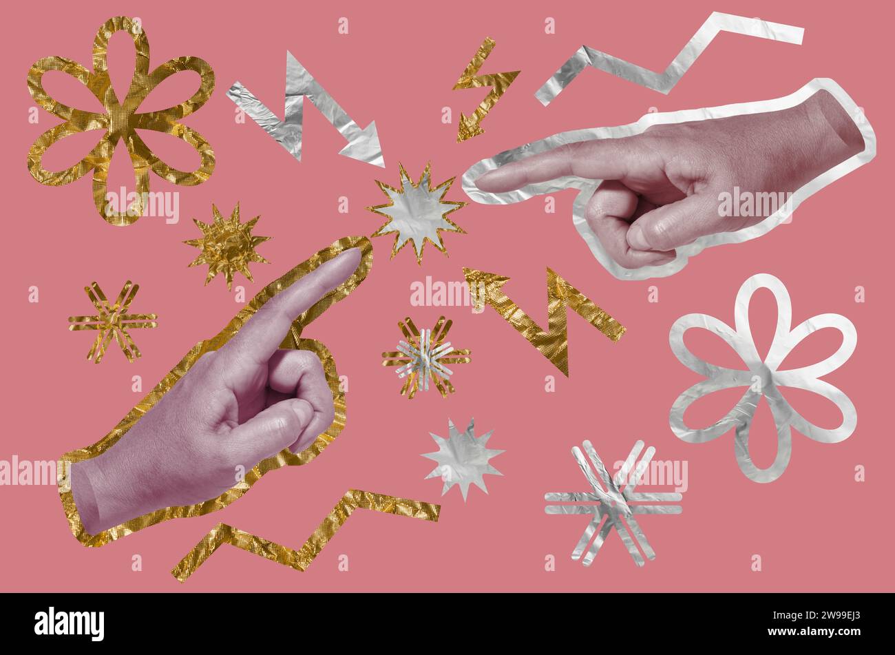 Zwei Hände Strecken ihre Zeigefinger zueinander auf einem rosafarbenen Hintergrund, Collage im Pop-Art-Stil Stockfoto