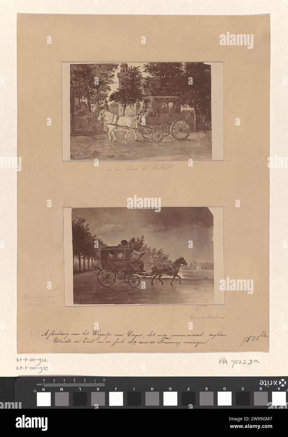 Fotoproduktion des Wagens von Dieges, de Koets zwischen Utrecht und Zeist, 1879, Anonym, nach Anthony Grolman, 1879 - 1926 Fotoproduktion einer Zeichnung von Grolman vom September 1879 des Wagens von Dieges, der Wagen, der zwischen Utrecht und Zeist fuhr, wurde bis Juli 1879 durch eine Straßenbahn ersetzt. Die Kutsche fuhr durch ein weißes Pferd im Dorf de Bilt. Zusammen mit dem Anhänger auf einem Blatt. Niederlande Papier. Unterstützung für Fotos. Zeichnung aus Pappalbumen, Skizze. Vierrädriges Fahrzeug, gezogen von einem Tier de Bilt Stockfoto