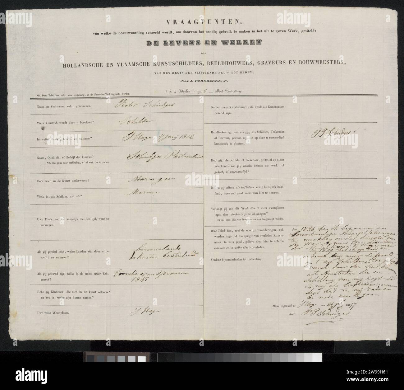 Vermessungsformular ausgefüllt von Petrus Paulus Schiedges (I), Johannes Immerzeel, 1847 Manuskript Haager Schrift. Tinte schreiben (verarbeitet) / Stift / Drucken Stockfoto