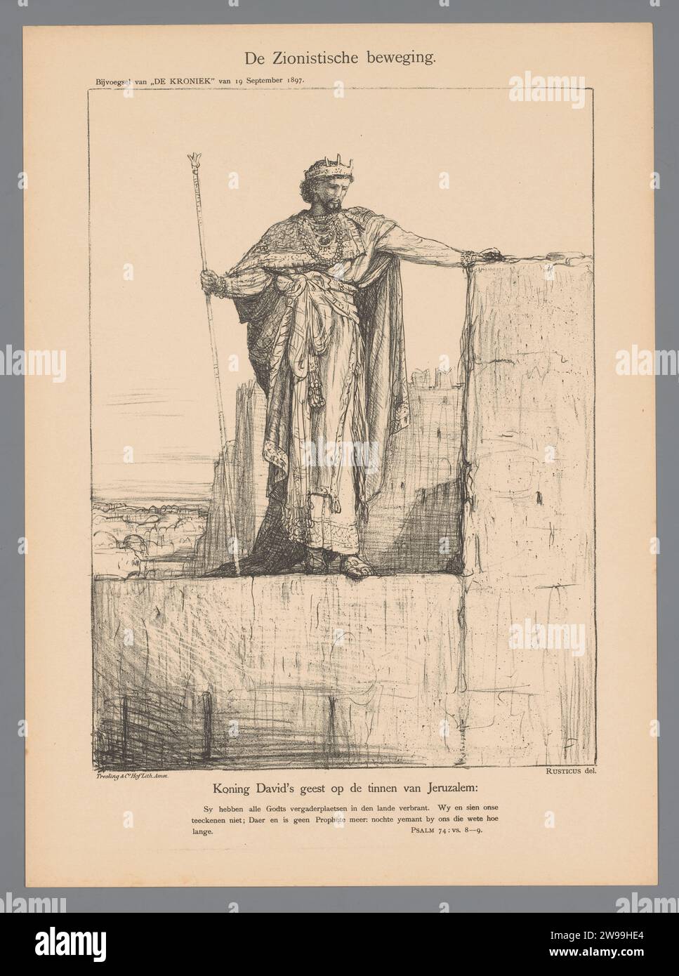 Die zionistische Bewegung, Marius Bauer, 1897 Print Cartoon über die Gründung der zionistischen Bewegung im Jahr 1897. König David steht an den Mauern Jerusalems. Unten ein Zitat aus Psalm 74. Amsterdamer Zeitung die Juden, das jüdische Leben. Jüdische Religion und Kultur. Politische Karikaturen und Satiren Israel Stockfoto
