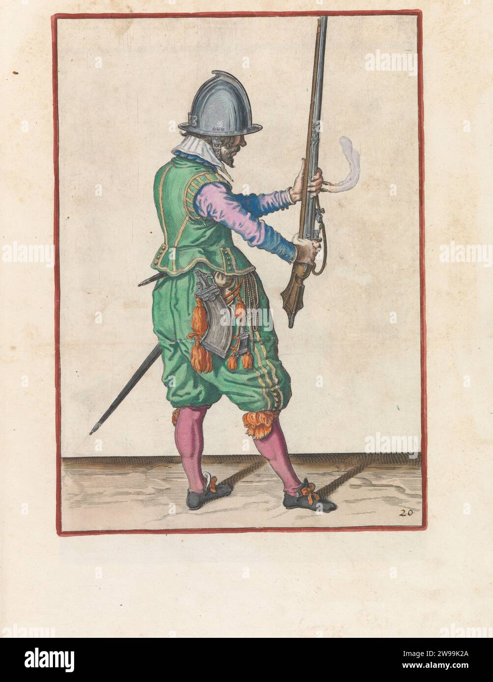 Soldat, der sein Ruder mit beiden Händen aufrecht hält, Jacques de Gheyn (II) (Werkstatt oder), nach Jacques de Gheyn (II), ca. 1597 - 1607 drucken Einen Soldaten, nach rechts, der ein Ruder (eine bestimmte Art von Schusswaffe) mit beiden Händen vor sich hält, den Kurs nach oben zeigt, um es nach links zu nehmen. In seiner linken Hand neben dem Ruderlauf auch ein brennender Docht. Dieser Druck ist Teil der Serie von 42 handnummerierten Drucken von Roerschutters in der Arms Handling. Das Haager Papier graviert den Umgang mit Waffen  militärische Ausbildung. Schusswaffen: Gewehr Stockfoto