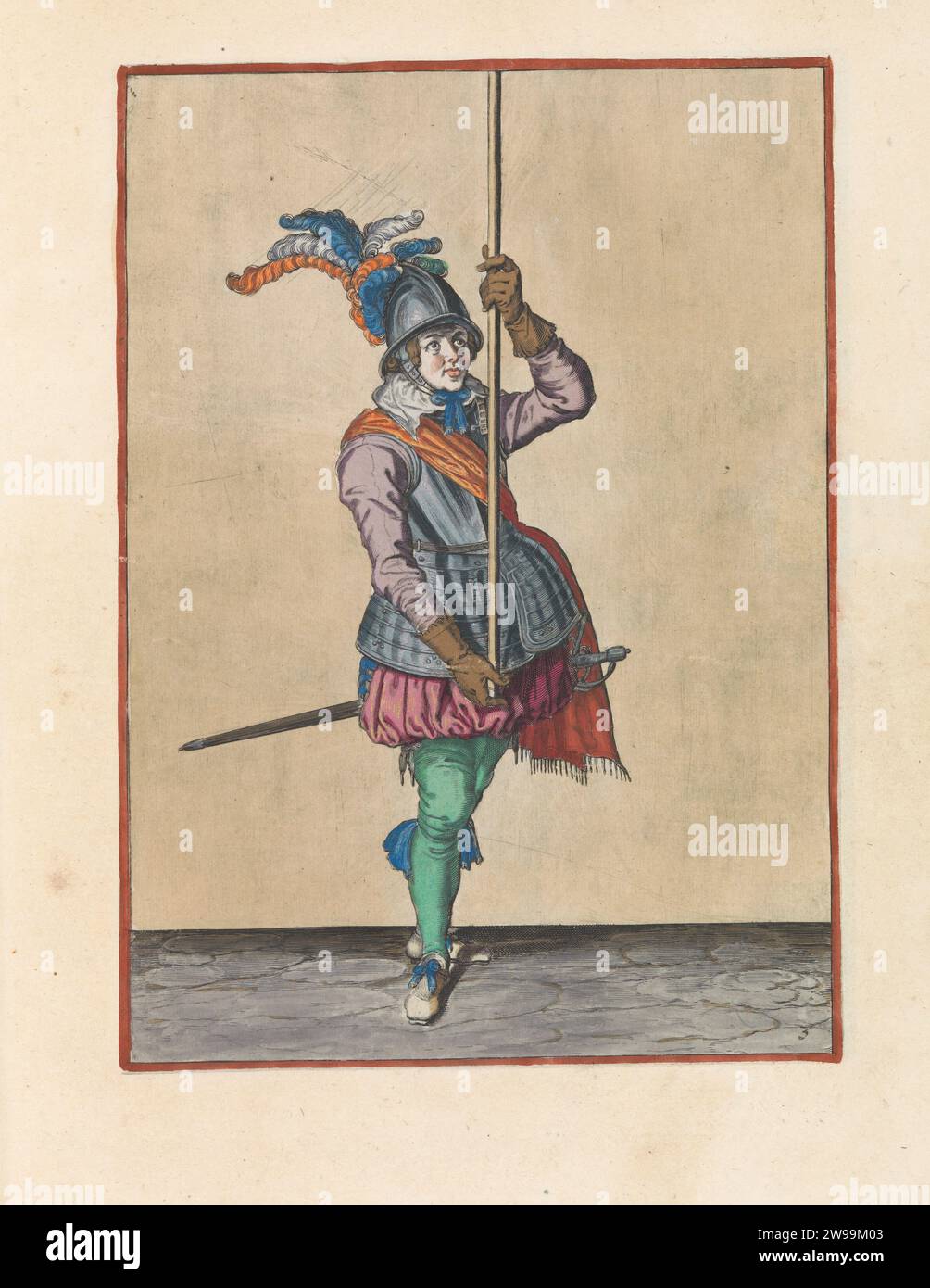 Soldat, der seine Spieße aufrecht vor ihm hoch über dem Boden hält, Jacques de Gheyn (II) (Werkstatt oder), nachdem Jacques de Gheyn (II), ca. 1597–1607 Einen Soldaten drucken, hinten, der einen Spieß (Lanze) mit beiden Händen aufrecht vor sich selbst hoch über dem Boden hält. Dies ist die zweite Maßnahme zum Entfernen des Spießes in aufrechter Position. Dieser Druck ist Teil der Serie von 32 handnummerierten Abdrücken von Spießen in der Armhandhabung. Das Haager Papier graviert den Umgang mit Waffen  militärische Ausbildung. Helved-Waffen, Polearms (zum Schlagen, Hacken, Schieben): lance Stockfoto