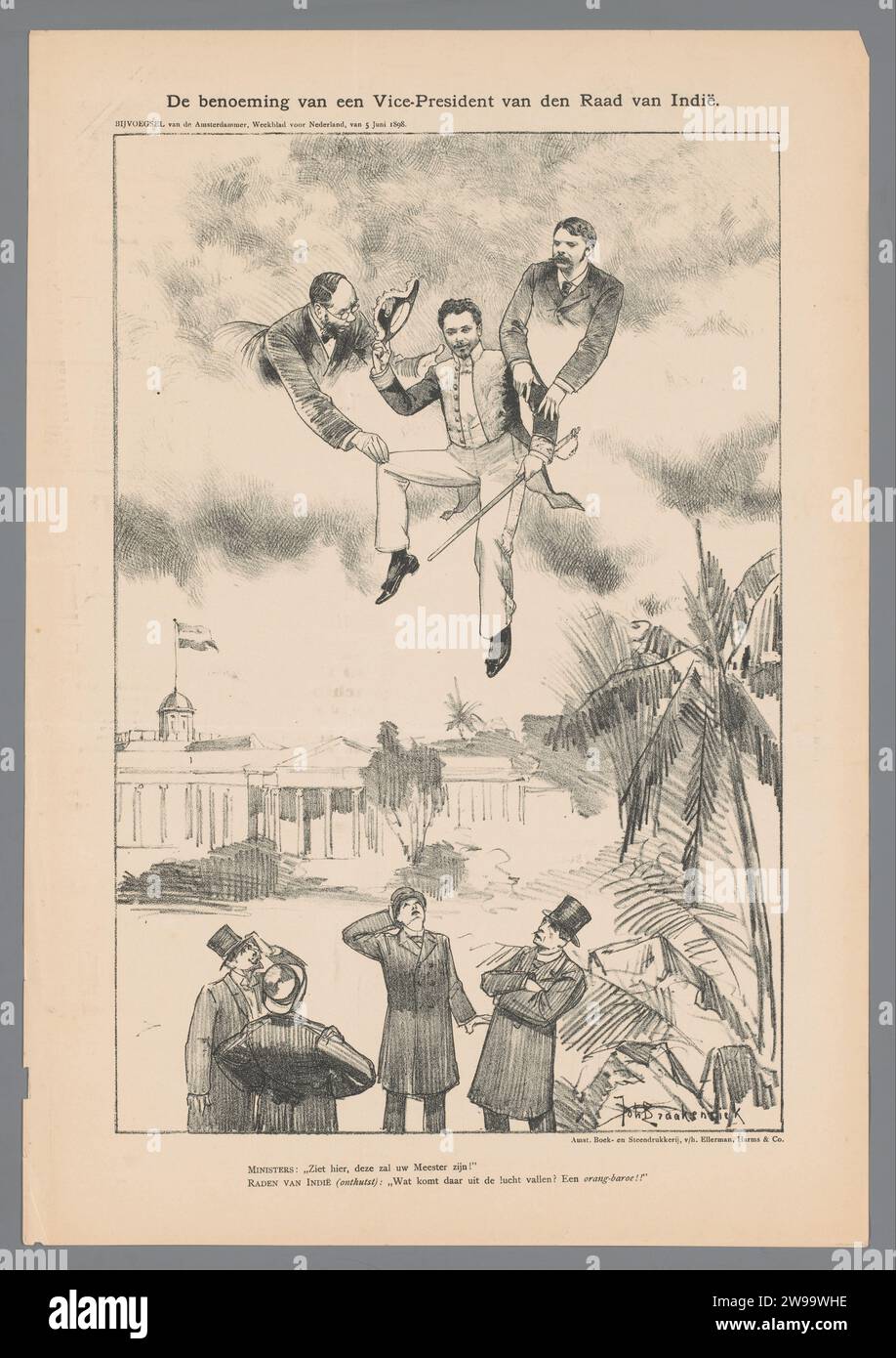 Die Ernennung eines Vizepräsidenten des indischen Rates, Johan Braakensiek, 1898 Amsterdam Paper Historical Persons. Kolonialsystem. Politische Karikaturen und Satiren Niederländisch-Indien, die. Gouverneurshuis Stockfoto