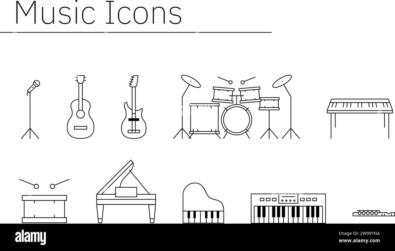 Einfache Symbolgruppe aus Musik und Musikinstrumenten - Übersetzung: Einfache Symbolgruppe aus Musik und Musikinstrumenten Stock Vektor